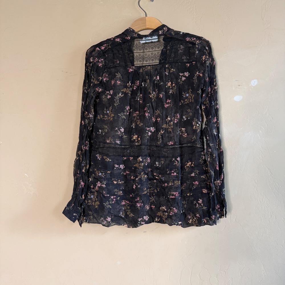 NWT Zimmermann Silk Floral Lace-Up Blouse Black Sheer Lace Pintuck Top - Picture 7 of 7